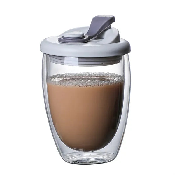 Double Wall Clear Glass Coffee Mug with Lid