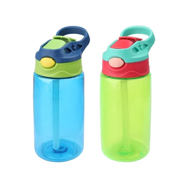 16oz Plastic Kids Water Bottle W/ Lid, Straw & Handle