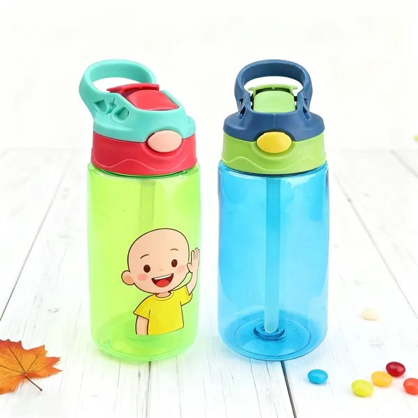 16oz Plastic Kids Water Bottle W/ Lid, Straw & Handle