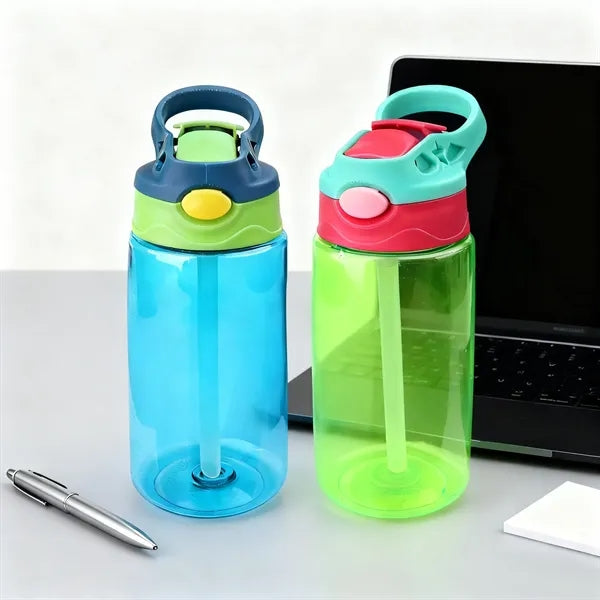 16oz Plastic Kids Water Bottle W/ Lid, Straw & Handle