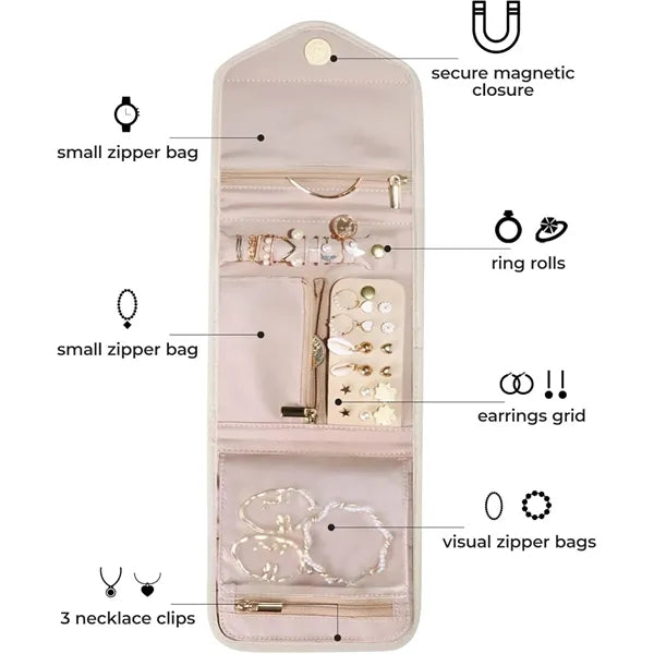 Foldable Travel Jewelry Organizer Case with Zipper Pockets