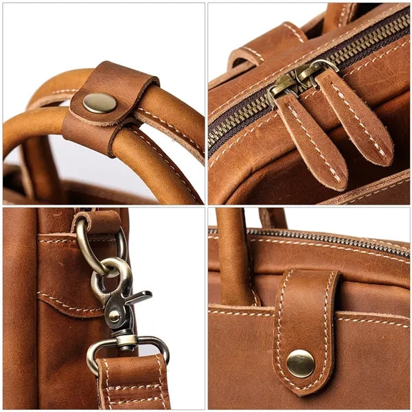 15in Leather Briefcase for Men with Shoulder Strap