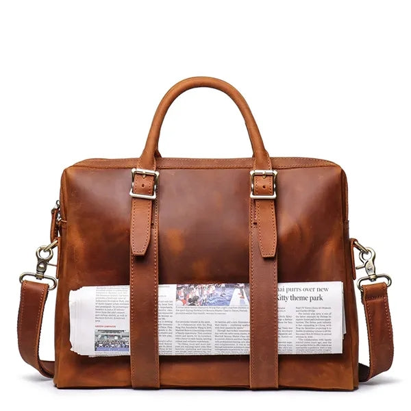 15in Leather Briefcase for Men with Buckle Design Laptop Bag