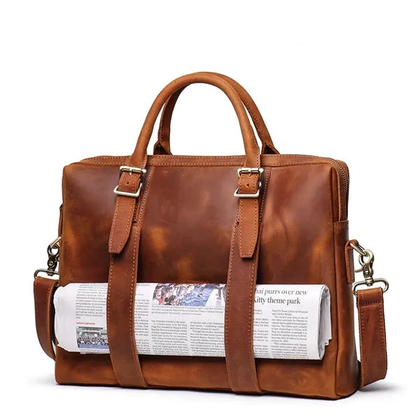 15in Leather Briefcase for Men with Buckle Design Laptop Bag
