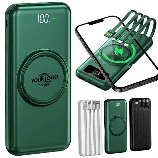 10000mAh Slim Wireless Power Bank with 4 Built-in Cables