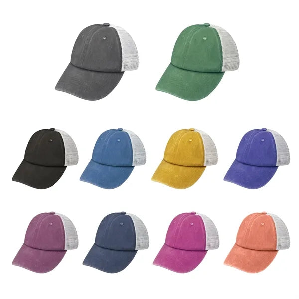 6 Panel Washed Cotton Trucker Hat W/ Mesh Back