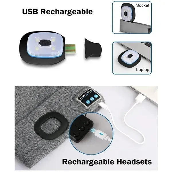 USB Rechargeable Bluetooth Beanie Hat with LED Light