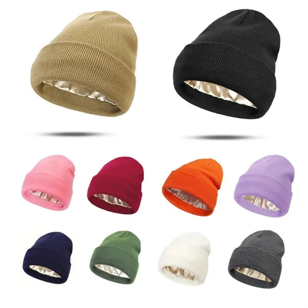 Satin Lined Knit Beanie Warm Soft Winter Hat