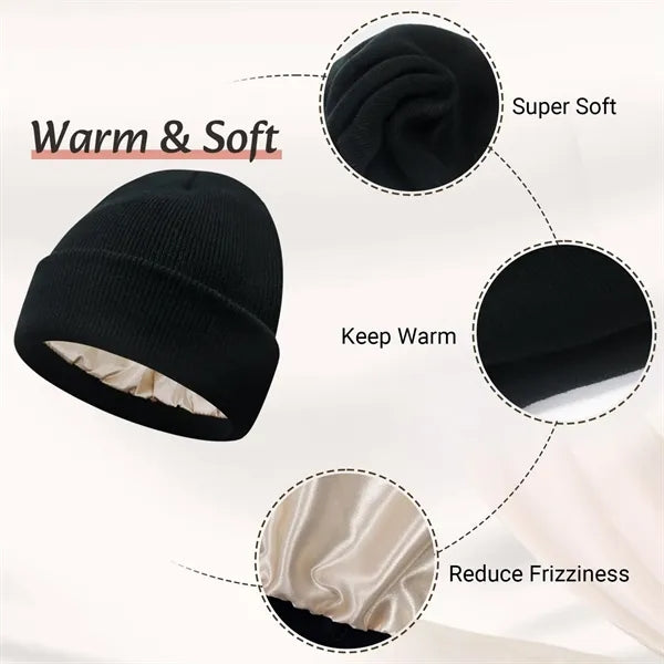 Satin Lined Knit Beanie Warm Soft Winter Hat