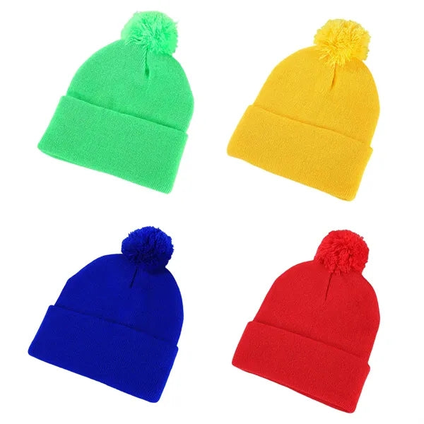 Acrylic Knit Beanie With Cuff And Pompom