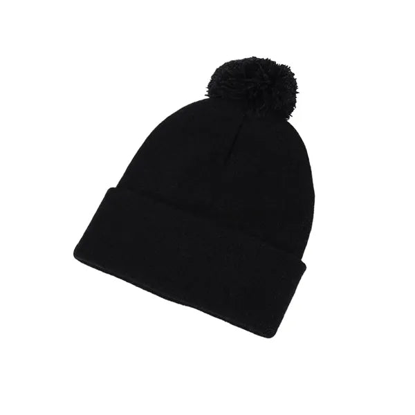 Acrylic Knit Beanie With Cuff And Pompom