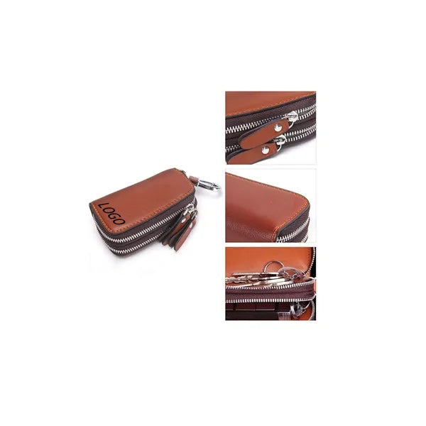 Leather Double Zipper Key Car Key Case