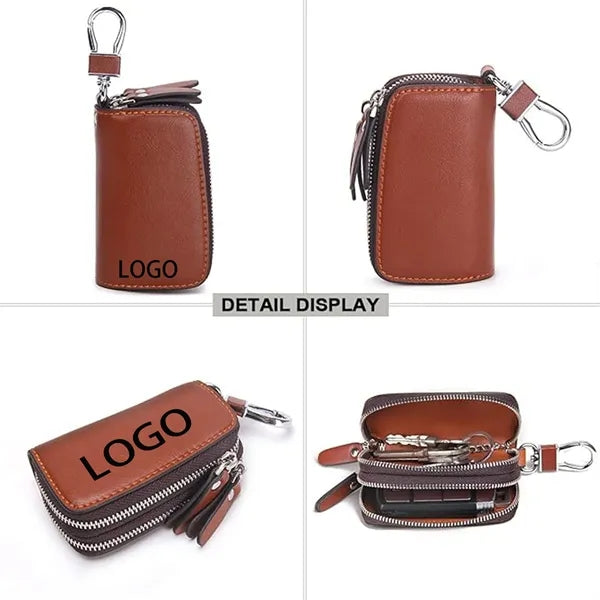 Leather Double Zipper Key Car Key Case