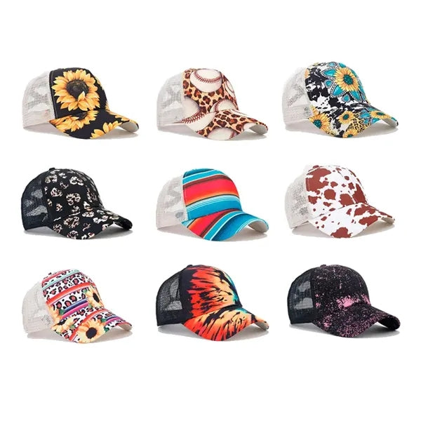 New printed breathable spliced ponytail mesh cap