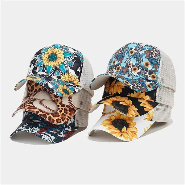 New printed breathable spliced ponytail mesh cap