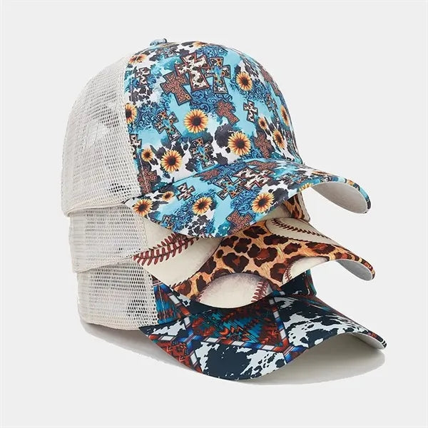 New printed breathable spliced ponytail mesh cap