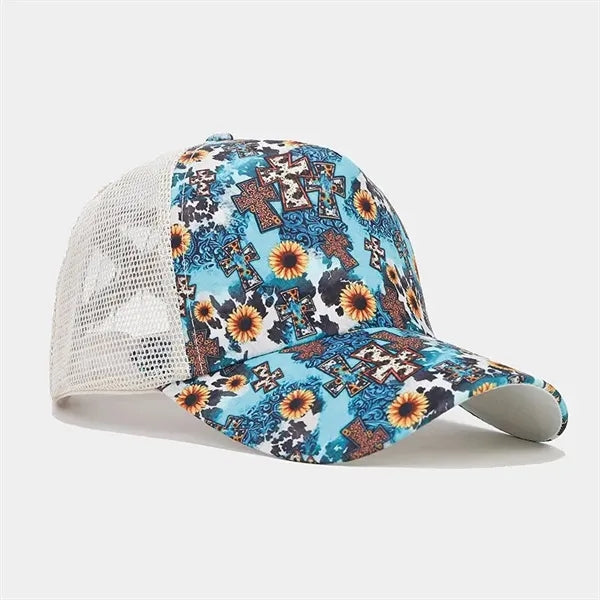 New printed breathable spliced ponytail mesh cap