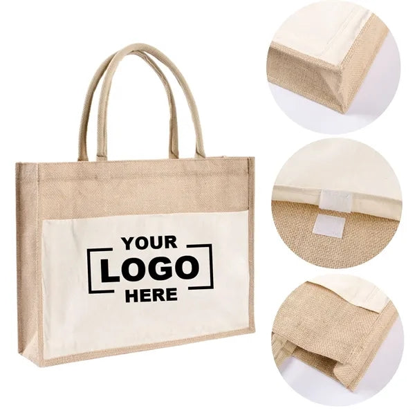 Large Grocery Jute Tote Bag With Front Pocket