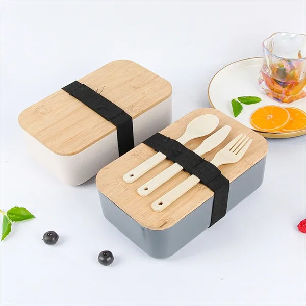 Wheat Straw Bento Box With Bamboo Lid And Utensils
