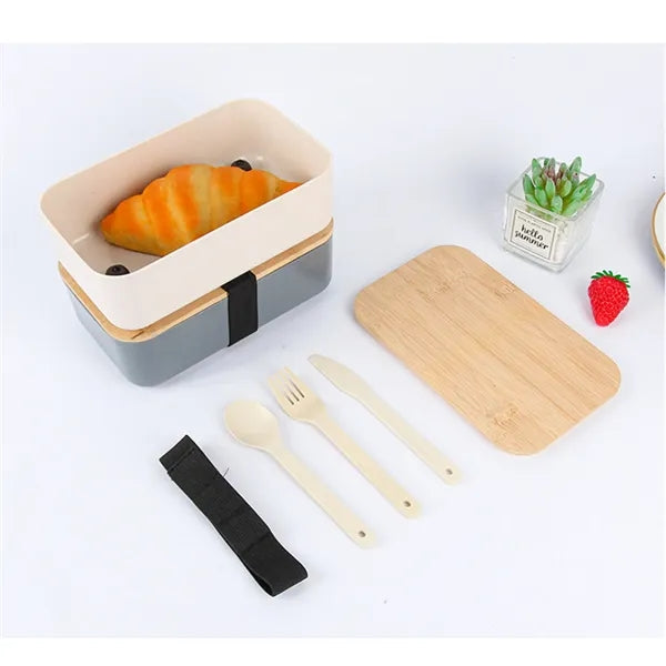 Wheat Straw Bento Box With Bamboo Lid And Utensils