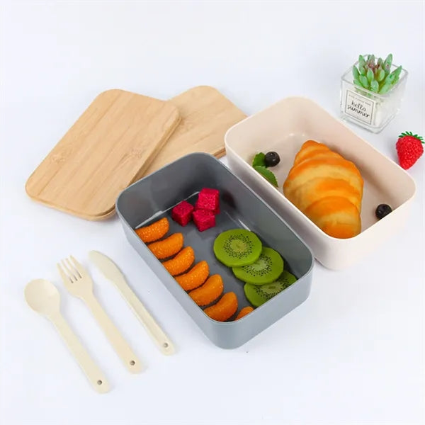Wheat Straw Bento Box With Bamboo Lid And Utensils