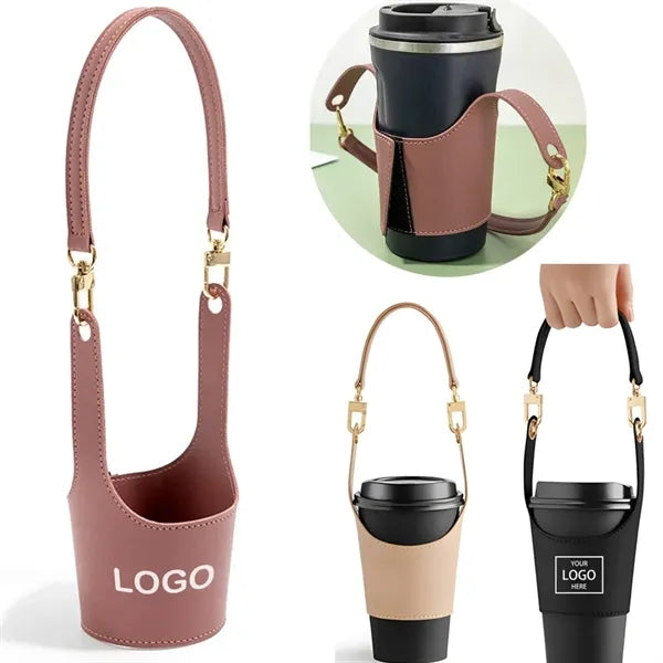 Portable Leather Cup Holde Drink Carrier w Adjustable Strap