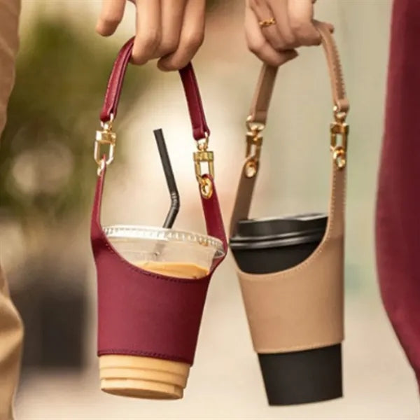 Portable Leather Cup Holde Drink Carrier w Adjustable Strap