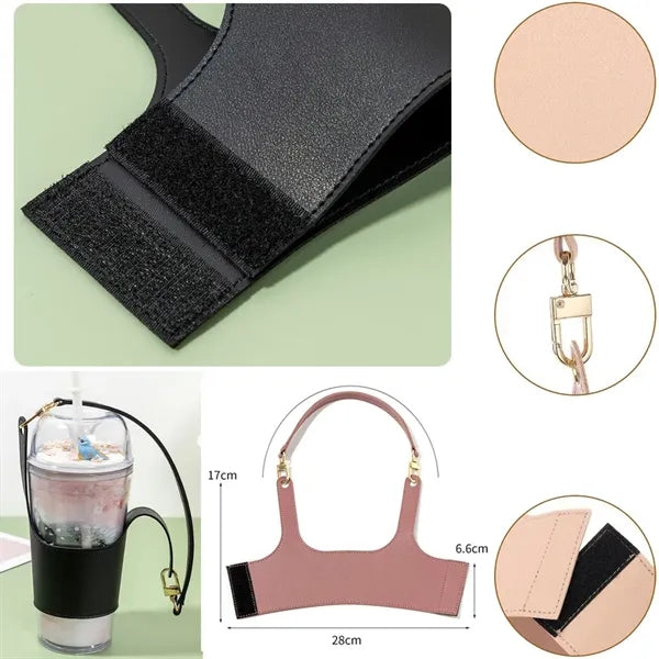 Portable Leather Cup Holde Drink Carrier w Adjustable Strap