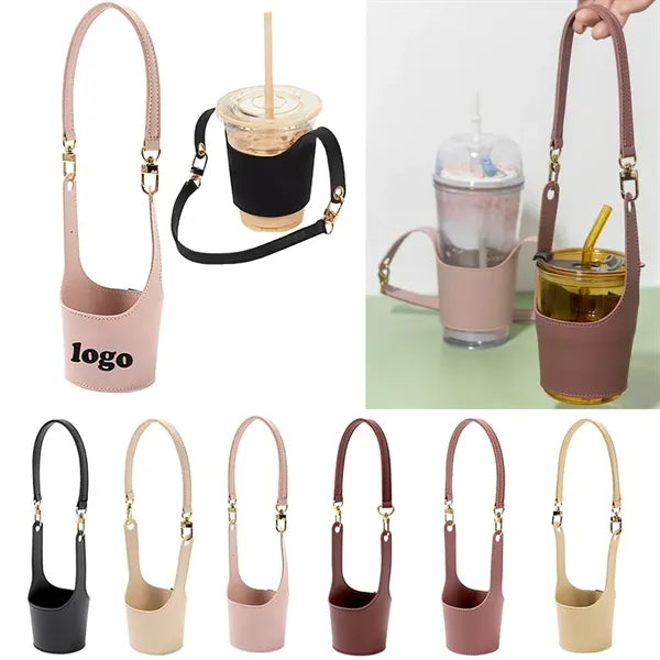 Portable Leather Cup Holde Drink Carrier w Adjustable Strap