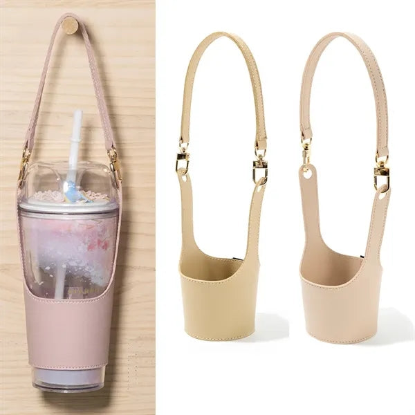 Portable Leather Cup Holde Drink Carrier w Adjustable Strap