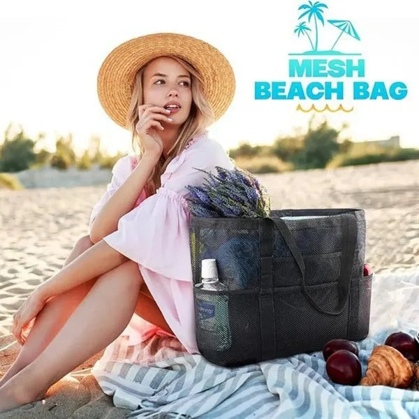 Large Mesh Beach Bag with Zipper Pocket for Vacation