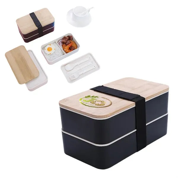 Eco-Friendly Bamboo Lid Bento Double Decker With Wheat Table
