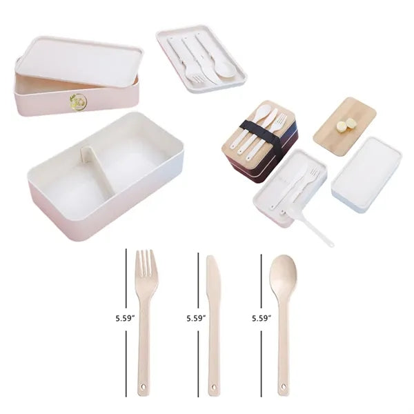 Eco-Friendly Bamboo Lid Bento Double Decker With Wheat Table