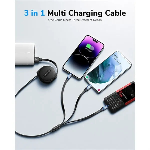 3 In 1 Retractable Multiple Charging Cable With USB Port