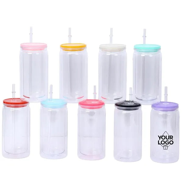 16oz Double-Wall Plastic Mason Jar Tumbler with Straw