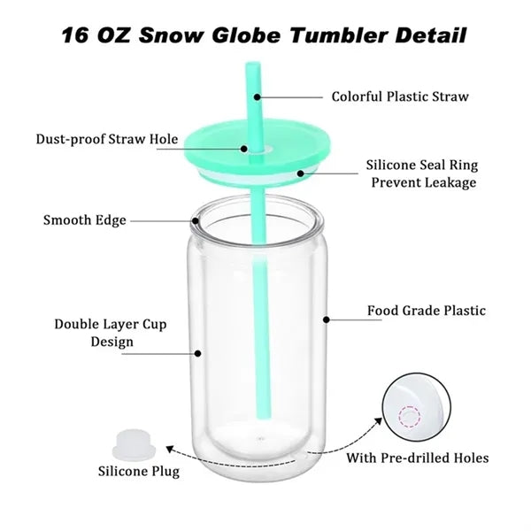 16oz Double-Wall Plastic Mason Jar Tumbler with Straw