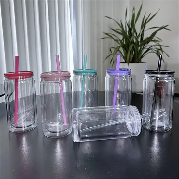 16oz Double-Wall Plastic Mason Jar Tumbler with Straw