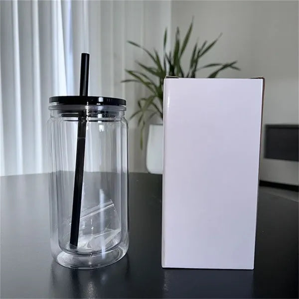 16oz Double-Wall Plastic Mason Jar Tumbler with Straw