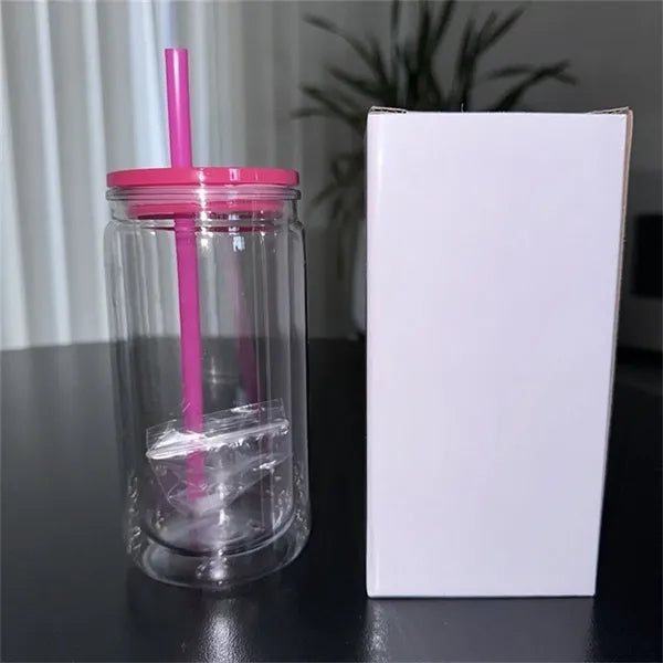 16oz Double-Wall Plastic Mason Jar Tumbler with Straw