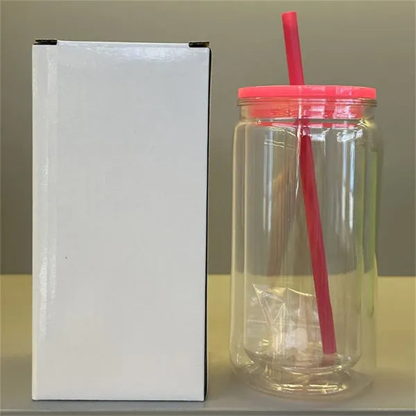 16oz Double-Wall Plastic Mason Jar Tumbler with Straw