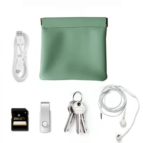 Mini Leather Money Snap Pouch Cable Jewelry Organizer Bag