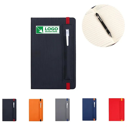 100 Pages A5 Leather Notebook With Pen Holder