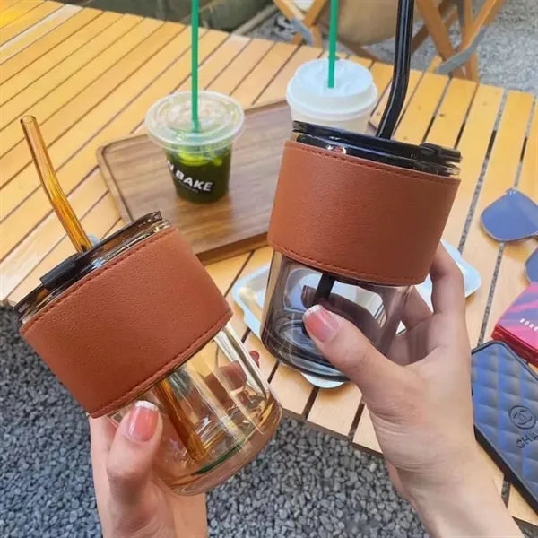 14oz Bamboo Glass Tumbler with Lid Straw and Leather Sleeve