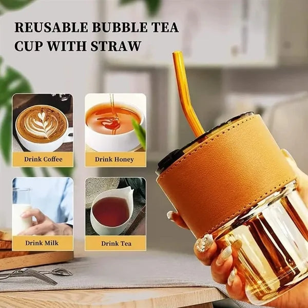 14oz Bamboo Glass Tumbler with Lid Straw and Leather Sleeve