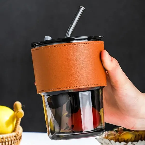 14oz Bamboo Glass Tumbler with Lid Straw and Leather Sleeve
