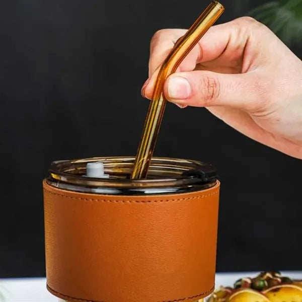 14oz Bamboo Glass Tumbler with Lid Straw and Leather Sleeve