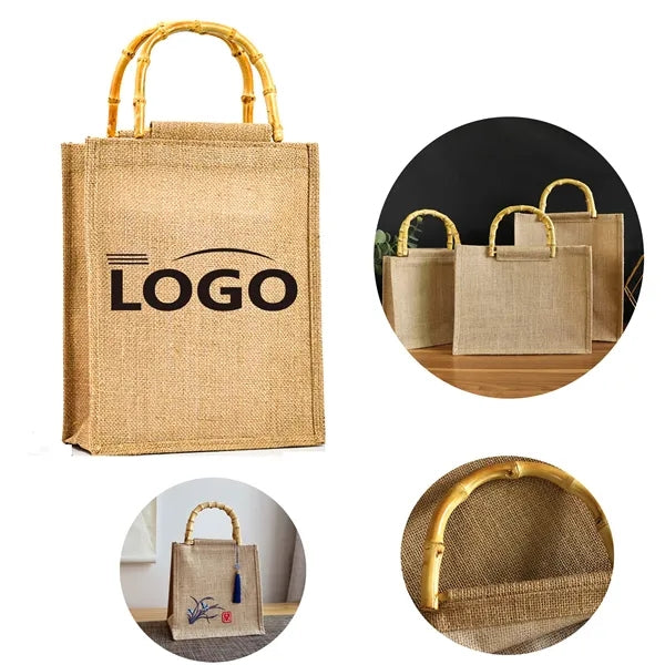 Bamboo-handled jute tote bag