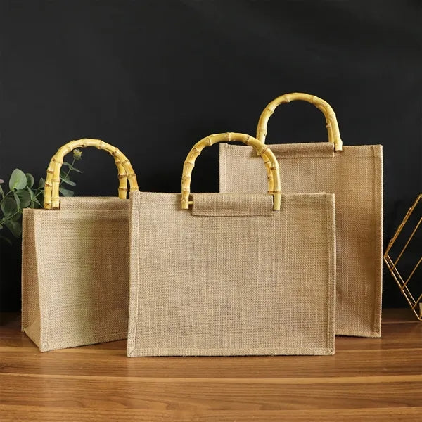 Bamboo-handled jute tote bag