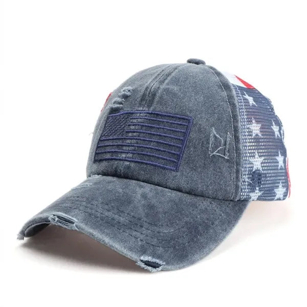 Distressed Star Fashion Ponytail Mesh Baseball Cap