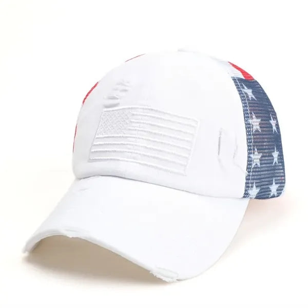 Distressed Star Fashion Ponytail Mesh Baseball Cap